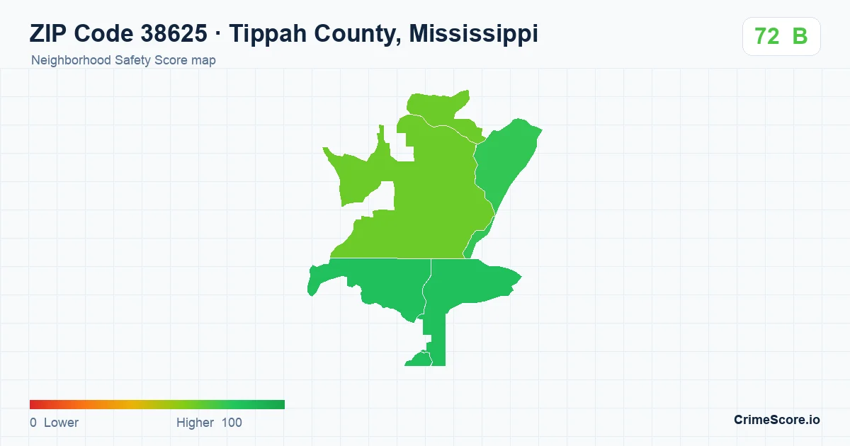 ZIP Code 38625 in Tippah County, Mississippi neighborhood Safety Score map