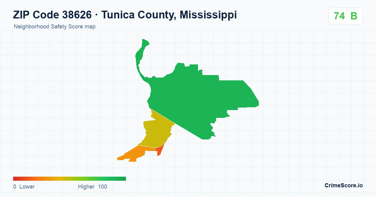 ZIP Code 38626 in Tunica County, Mississippi neighborhood Safety Score map