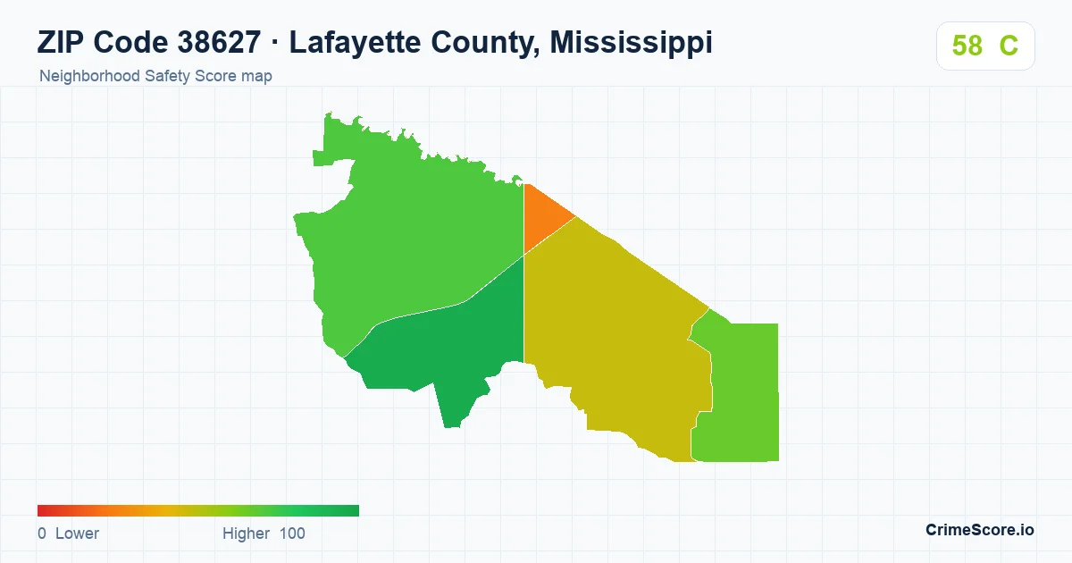ZIP Code 38627 in Lafayette County, Mississippi neighborhood Safety Score map