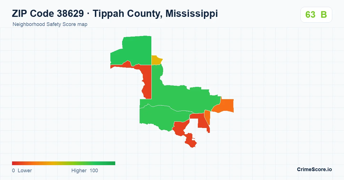 ZIP Code 38629 in Tippah County, Mississippi neighborhood Safety Score map