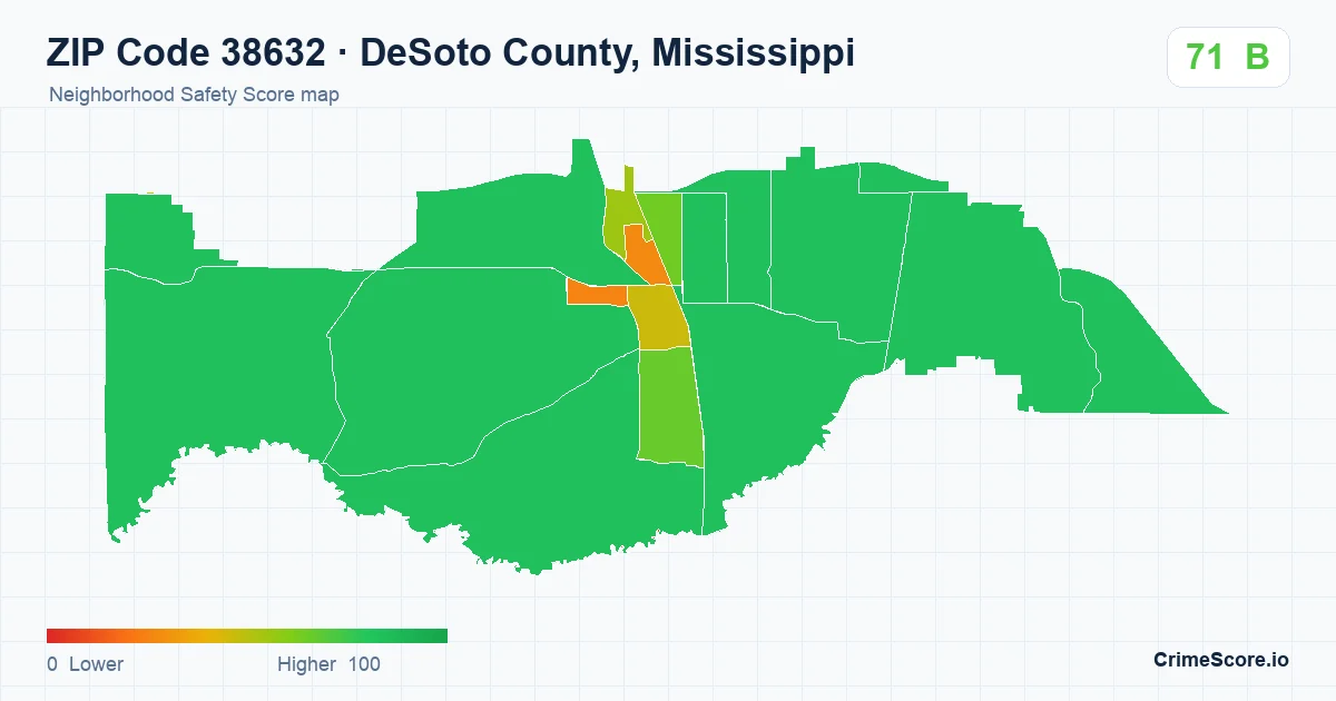 ZIP Code 38632 in DeSoto County, Mississippi neighborhood Safety Score map