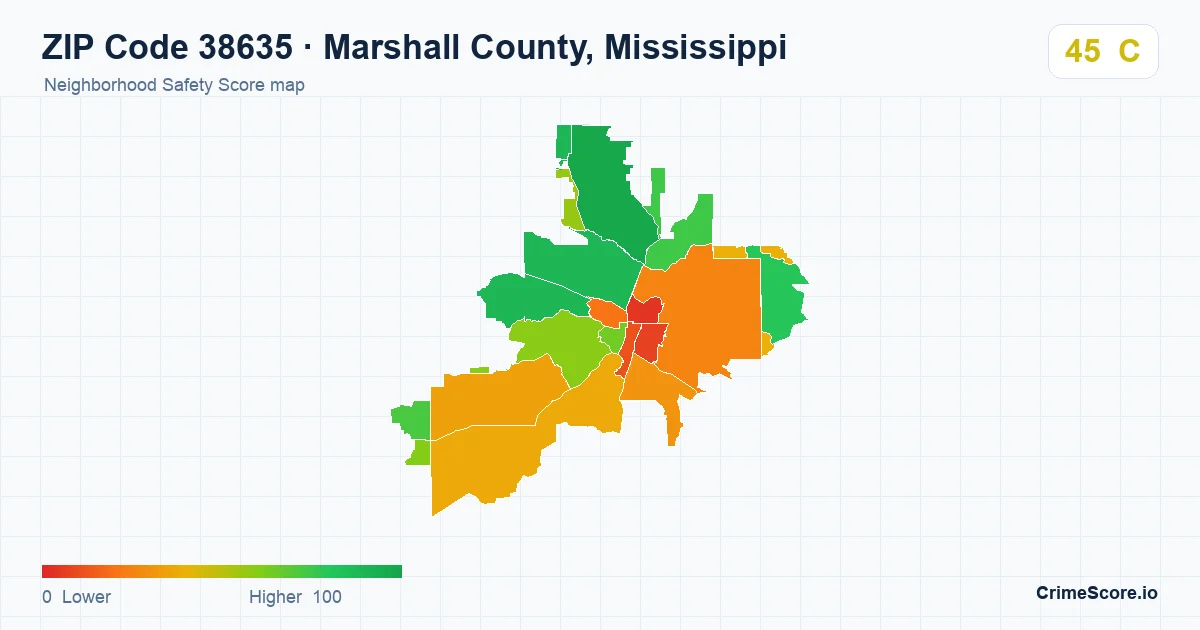 ZIP Code 38635 in Marshall County, Mississippi neighborhood Safety Score map