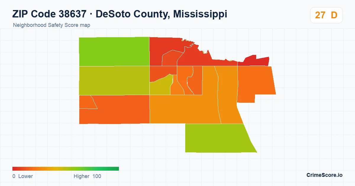 ZIP Code 38637 in DeSoto County, Mississippi neighborhood Safety Score map