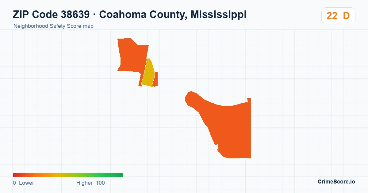 ZIP Code 38639 in Coahoma County, Mississippi neighborhood Safety Score map