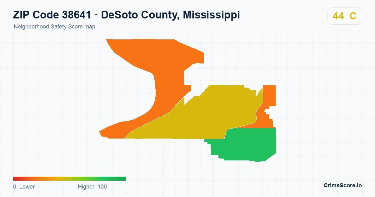 ZIP Code 38641 in DeSoto County, Mississippi neighborhood Safety Score map