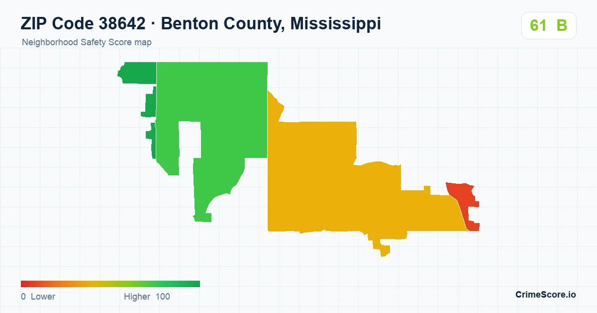 ZIP Code 38642 in Benton County, Mississippi neighborhood Safety Score map