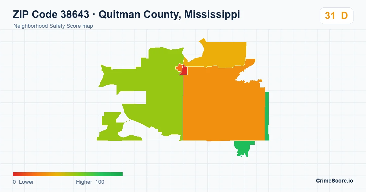 ZIP Code 38643 in Quitman County, Mississippi neighborhood Safety Score map