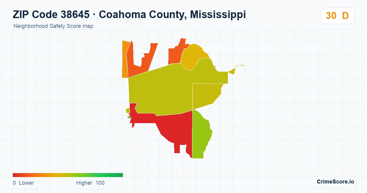 ZIP Code 38645 in Coahoma County, Mississippi neighborhood Safety Score map