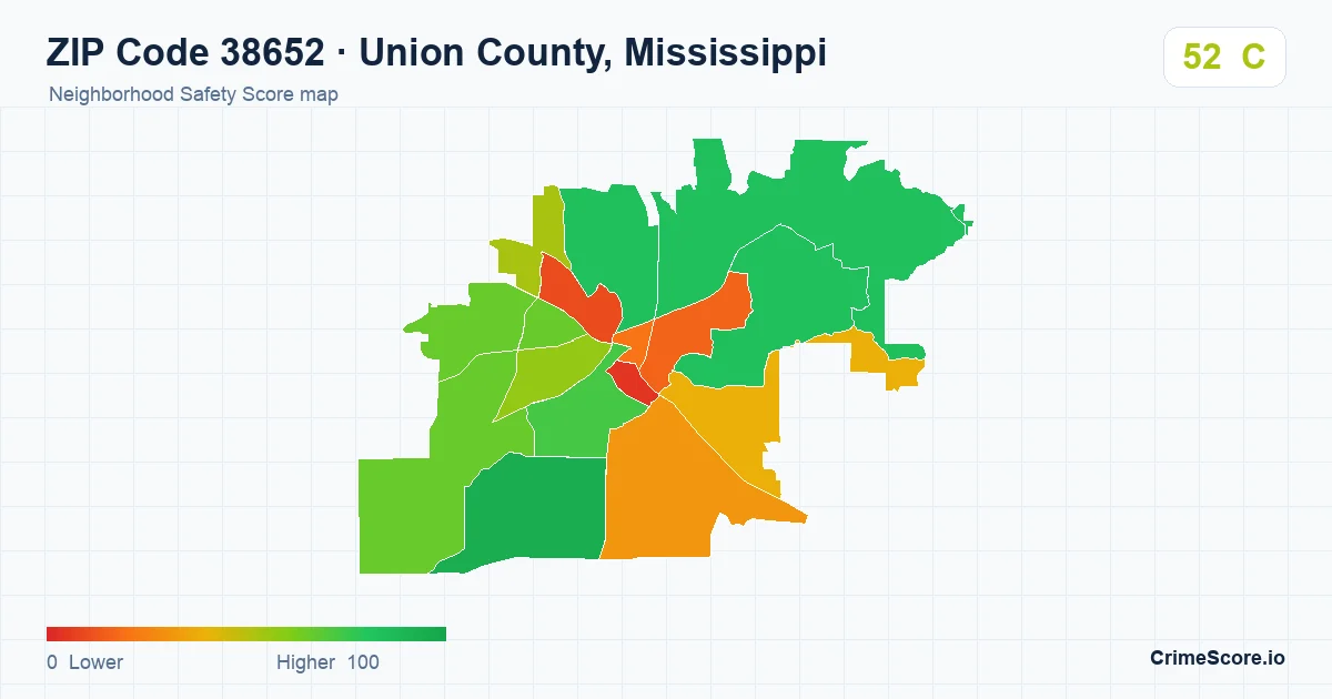 ZIP Code 38652 in Union County, Mississippi neighborhood Safety Score map