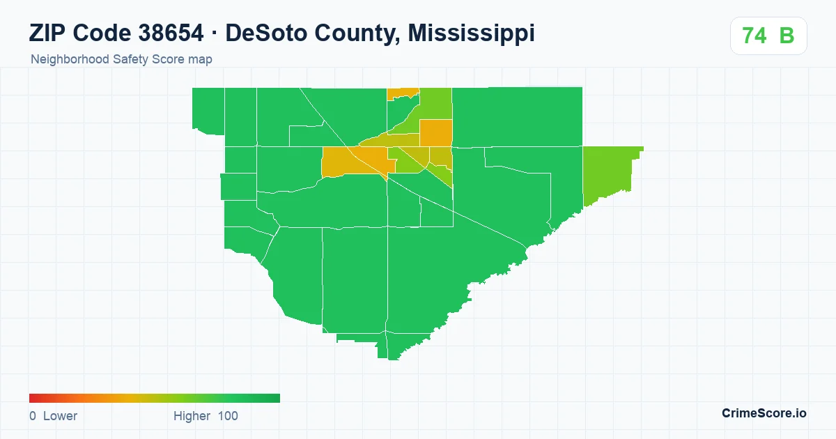 ZIP Code 38654 in DeSoto County, Mississippi neighborhood Safety Score map