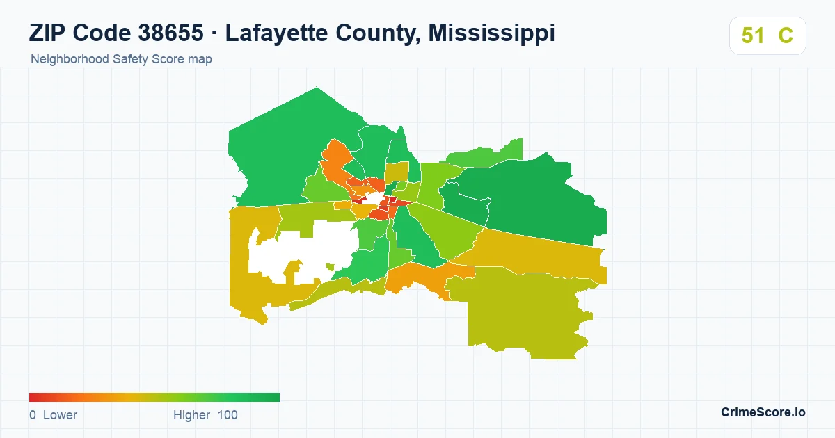 ZIP Code 38655 in Lafayette County, Mississippi neighborhood Safety Score map