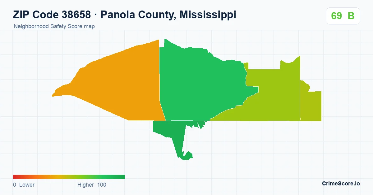ZIP Code 38658 in Panola County, Mississippi neighborhood Safety Score map