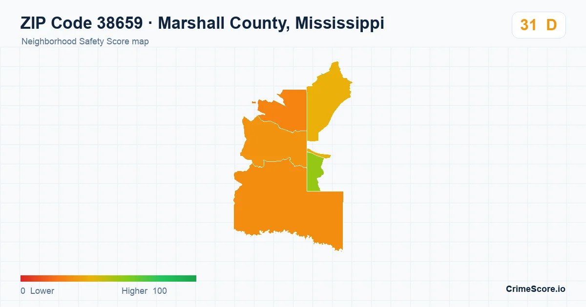 ZIP Code 38659 in Marshall County, Mississippi neighborhood Safety Score map
