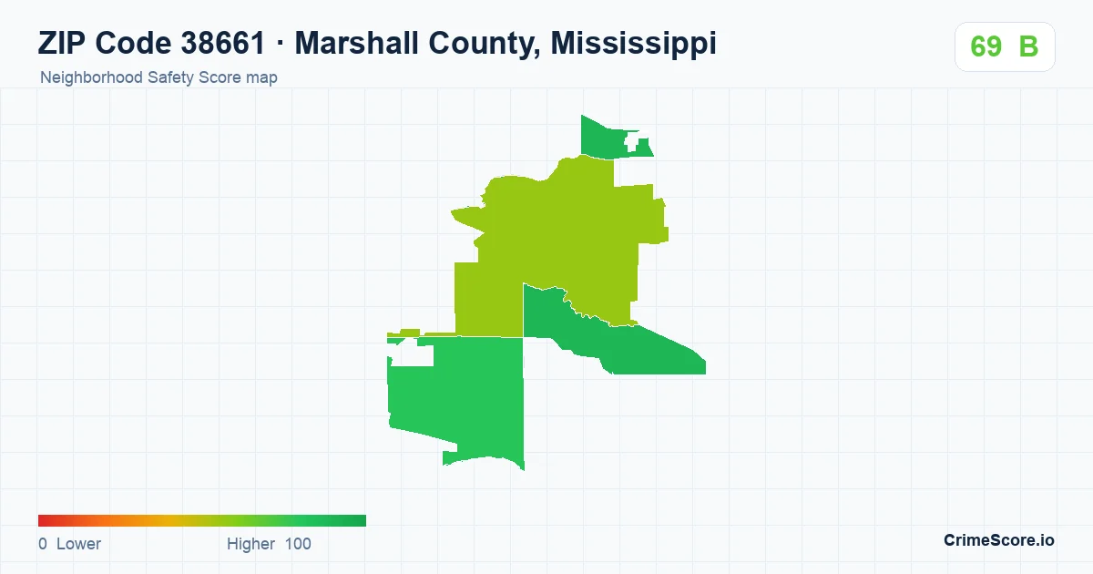 ZIP Code 38661 in Marshall County, Mississippi neighborhood Safety Score map