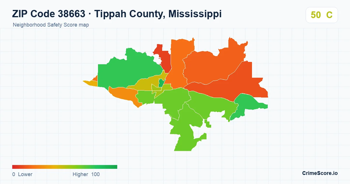 ZIP Code 38663 in Tippah County, Mississippi neighborhood Safety Score map