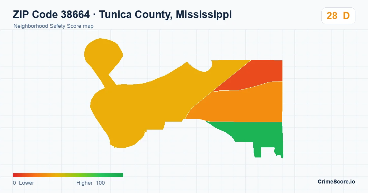 ZIP Code 38664 in Tunica County, Mississippi neighborhood Safety Score map