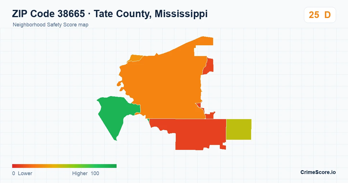 ZIP Code 38665 in Tate County, Mississippi neighborhood Safety Score map