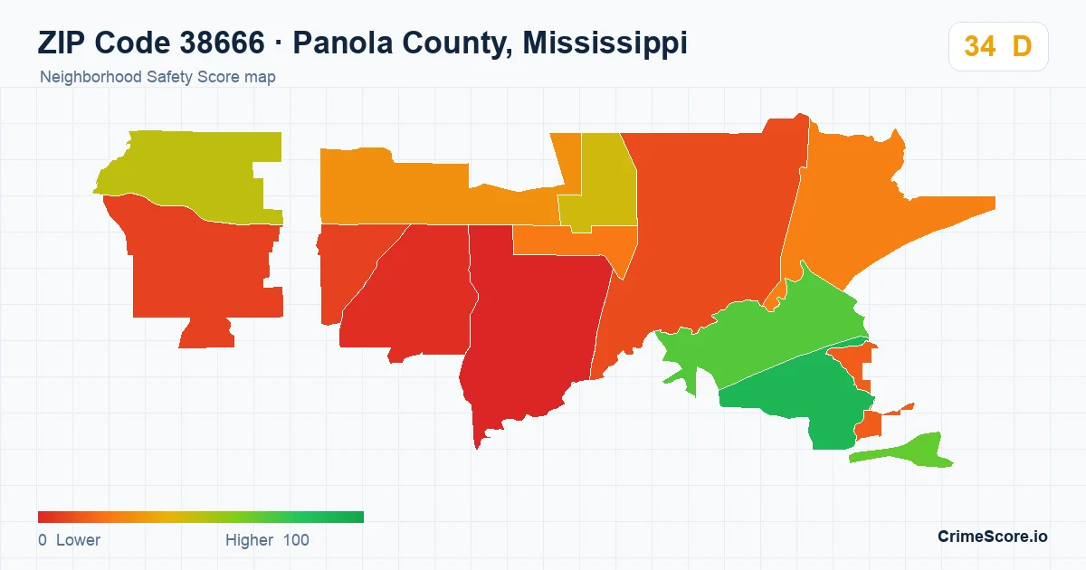 ZIP Code 38666 in Panola County, Mississippi neighborhood Safety Score map