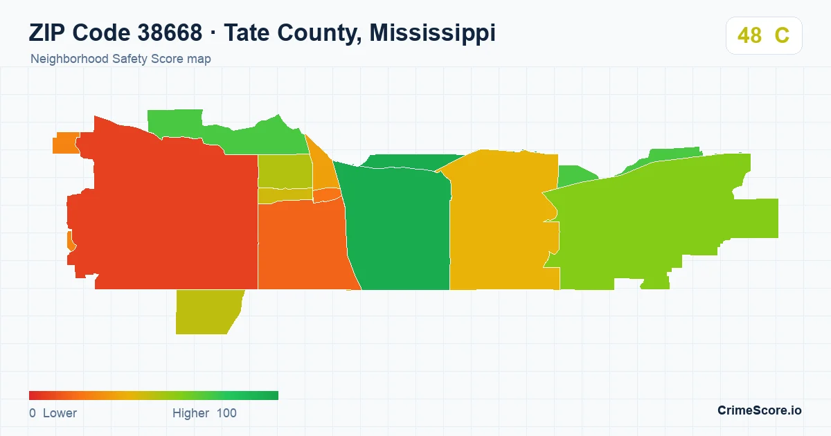 ZIP Code 38668 in Tate County, Mississippi neighborhood Safety Score map