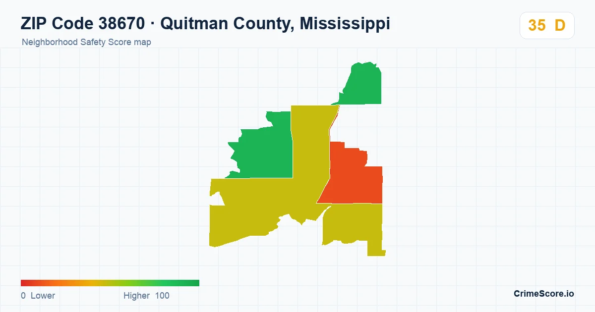 ZIP Code 38670 in Quitman County, Mississippi neighborhood Safety Score map