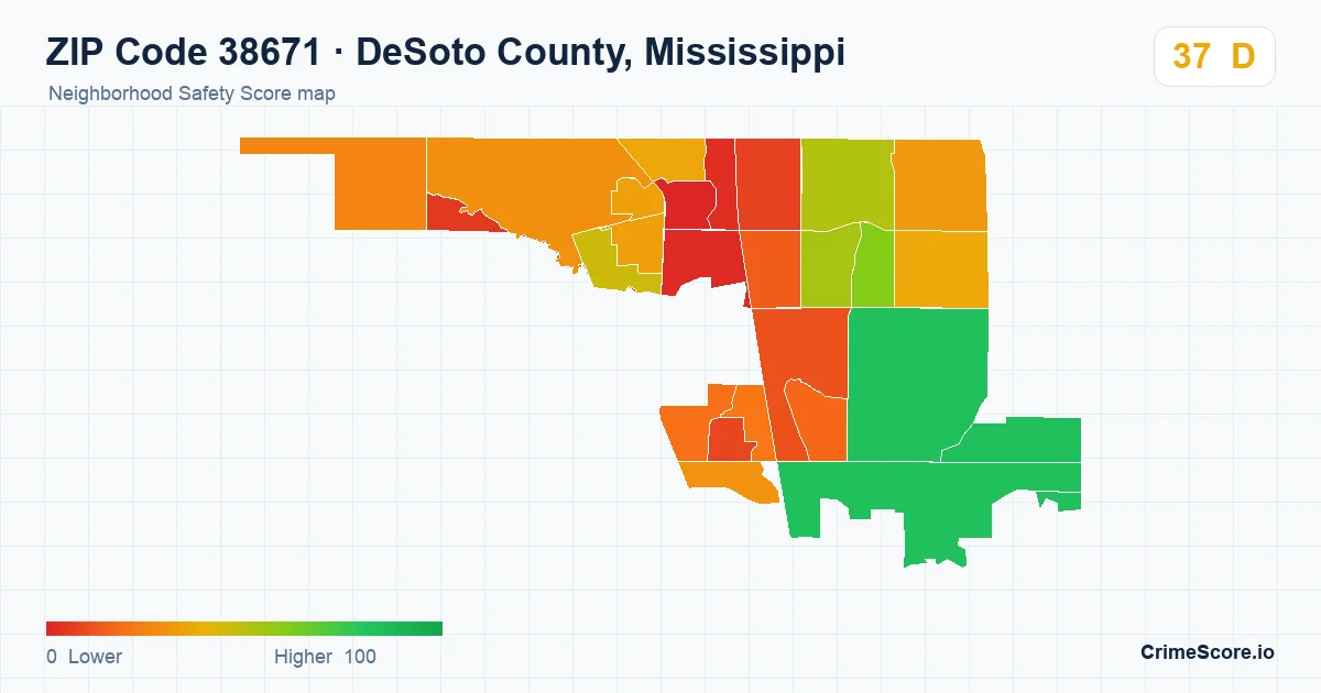 ZIP Code 38671 in DeSoto County, Mississippi neighborhood Safety Score map
