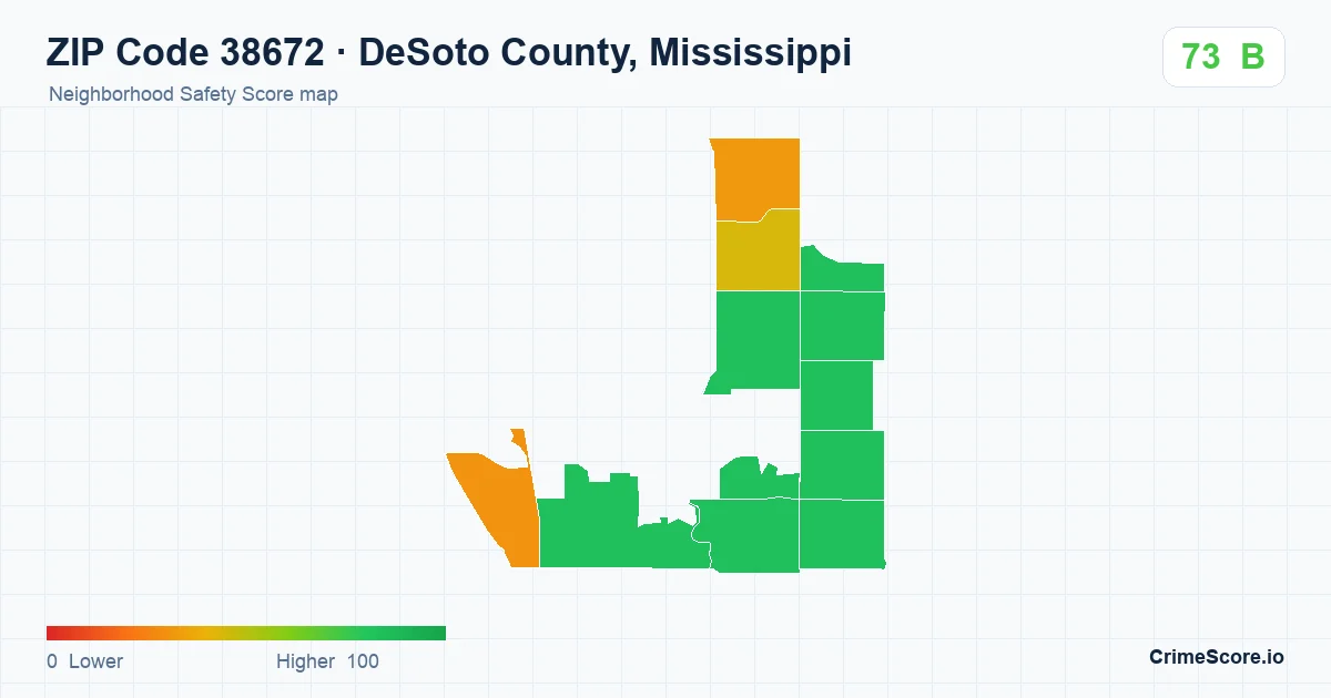ZIP Code 38672 in DeSoto County, Mississippi neighborhood Safety Score map