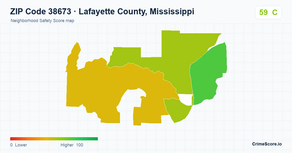 ZIP Code 38673 in Lafayette County, Mississippi neighborhood Safety Score map