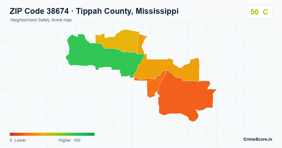 ZIP Code 38674 in Tippah County, Mississippi neighborhood Safety Score map