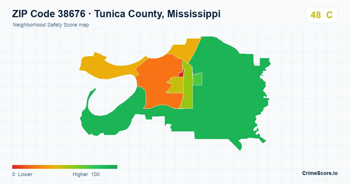 ZIP Code 38676 in Tunica County, Mississippi neighborhood Safety Score map
