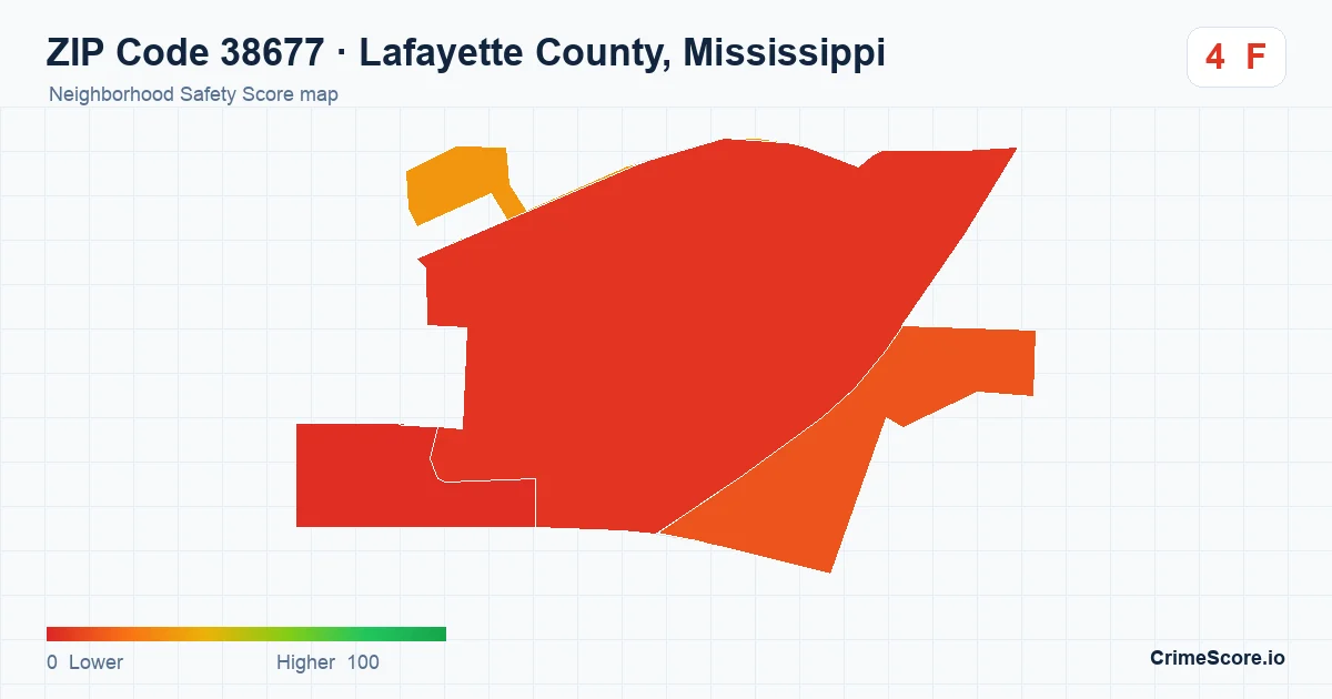 ZIP Code 38677 in Lafayette County, Mississippi neighborhood Safety Score map
