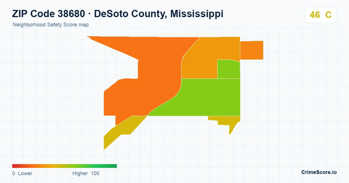 ZIP Code 38680 in DeSoto County, Mississippi neighborhood Safety Score map
