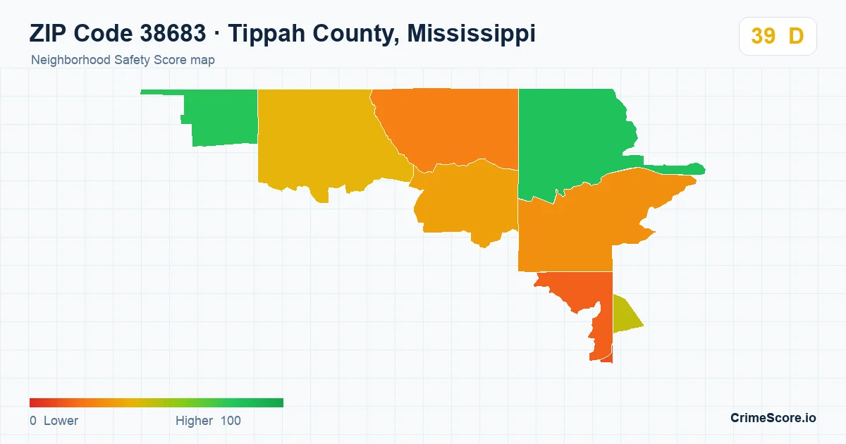 ZIP Code 38683 in Tippah County, Mississippi neighborhood Safety Score map