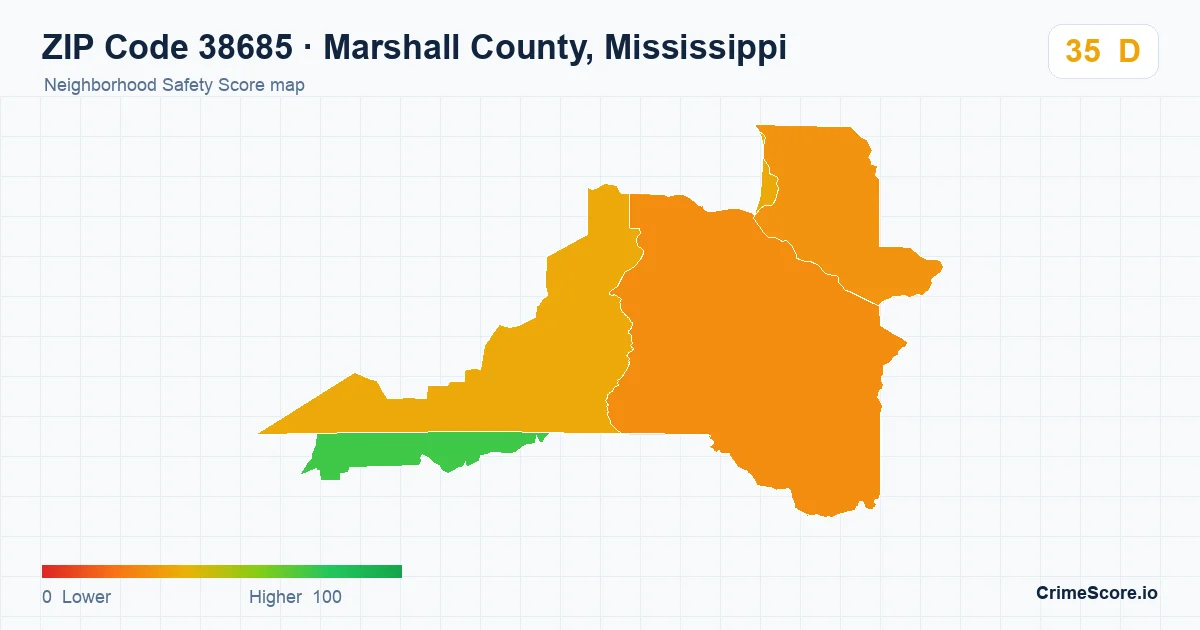 ZIP Code 38685 in Marshall County, Mississippi neighborhood Safety Score map