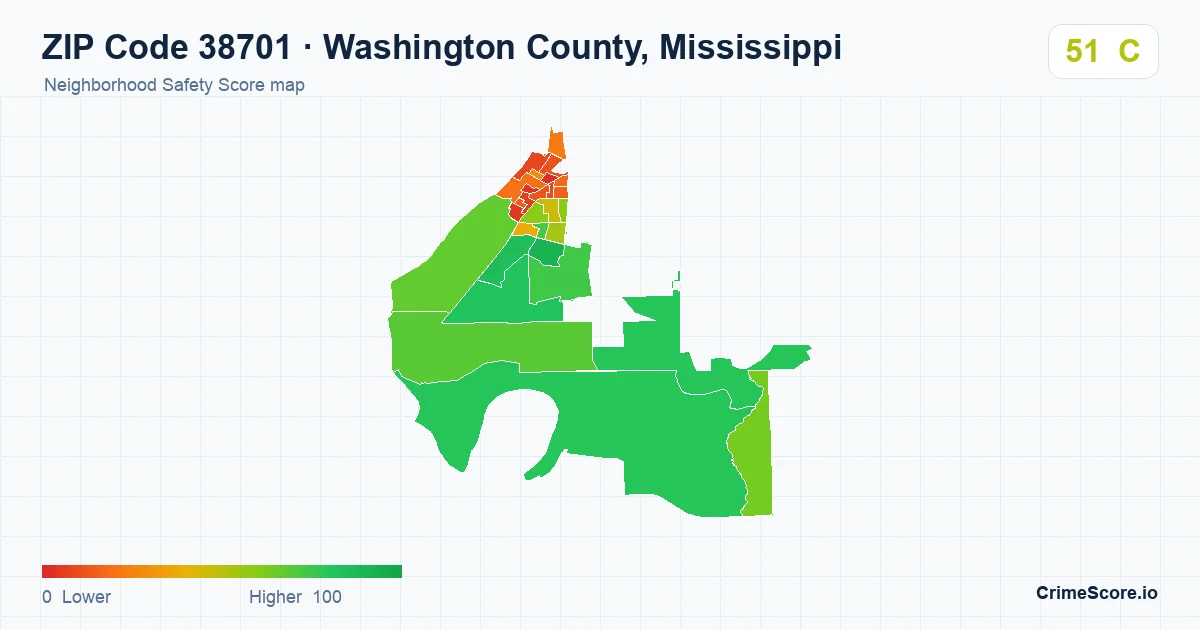 ZIP Code 38701 in Washington County, Mississippi neighborhood Safety Score map