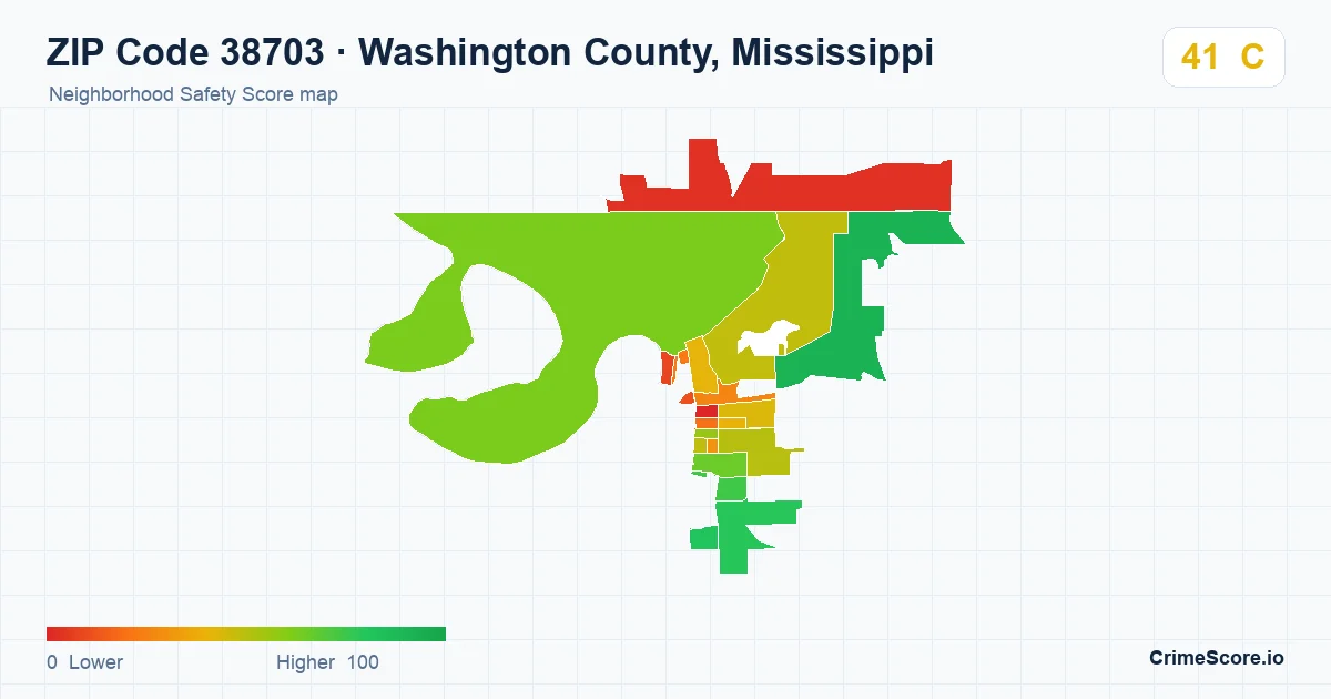 ZIP Code 38703 in Washington County, Mississippi neighborhood Safety Score map