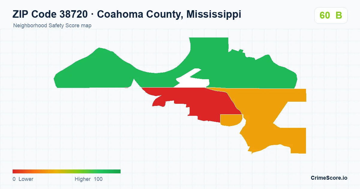 ZIP Code 38720 in Coahoma County, Mississippi neighborhood Safety Score map