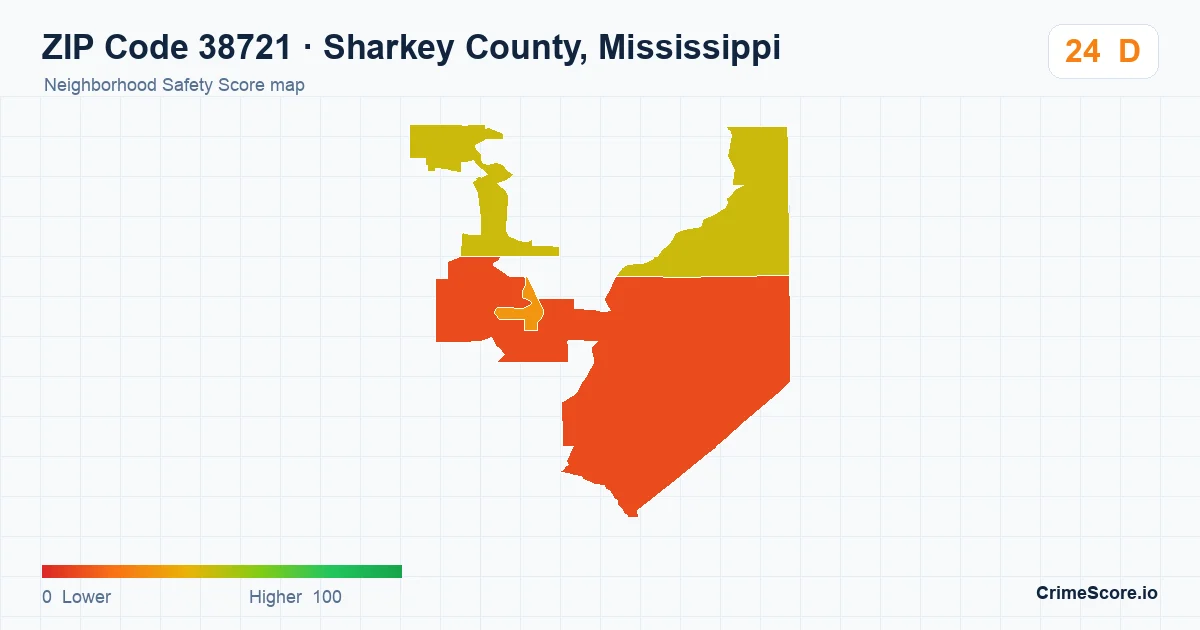 ZIP Code 38721 in Sharkey County, Mississippi neighborhood Safety Score map