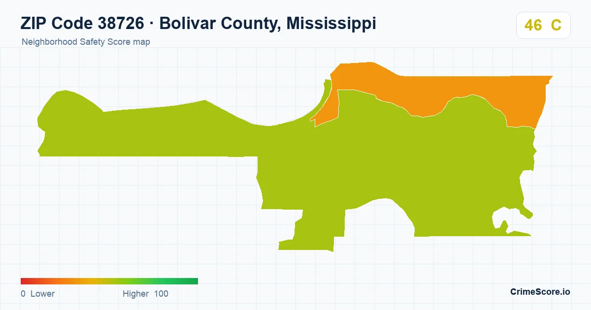 ZIP Code 38726 in Bolivar County, Mississippi neighborhood Safety Score map