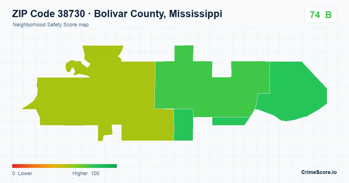ZIP Code 38730 in Bolivar County, Mississippi neighborhood Safety Score map