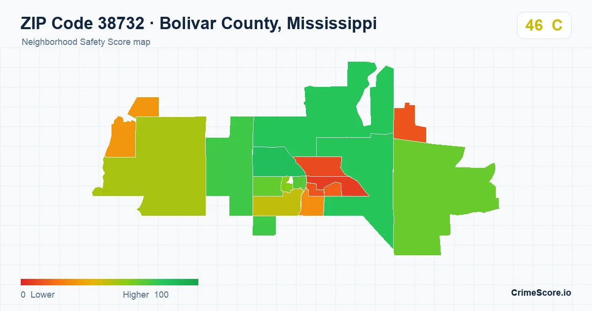 ZIP Code 38732 in Bolivar County, Mississippi neighborhood Safety Score map