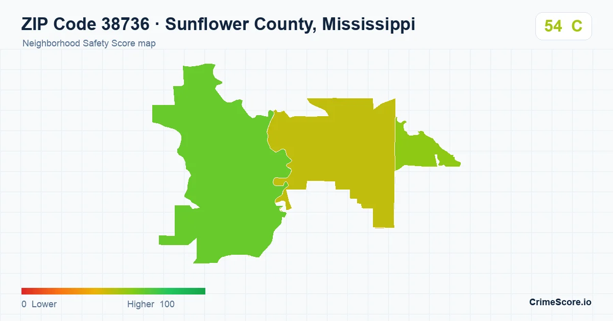 ZIP Code 38736 in Sunflower County, Mississippi neighborhood Safety Score map