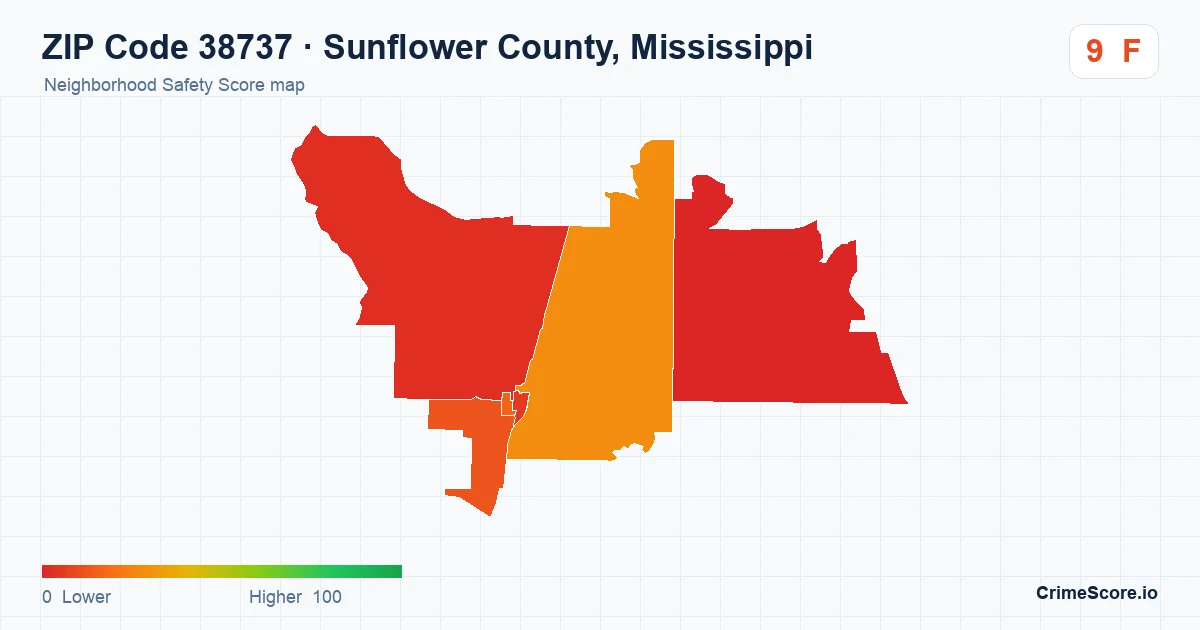 ZIP Code 38737 in Sunflower County, Mississippi neighborhood Safety Score map