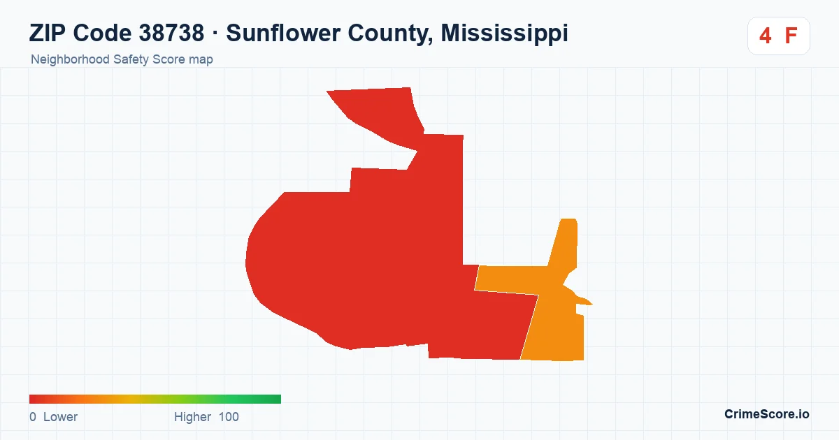ZIP Code 38738 in Sunflower County, Mississippi neighborhood Safety Score map