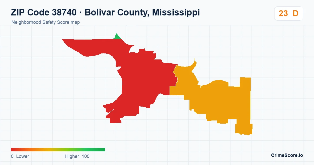 ZIP Code 38740 in Bolivar County, Mississippi neighborhood Safety Score map