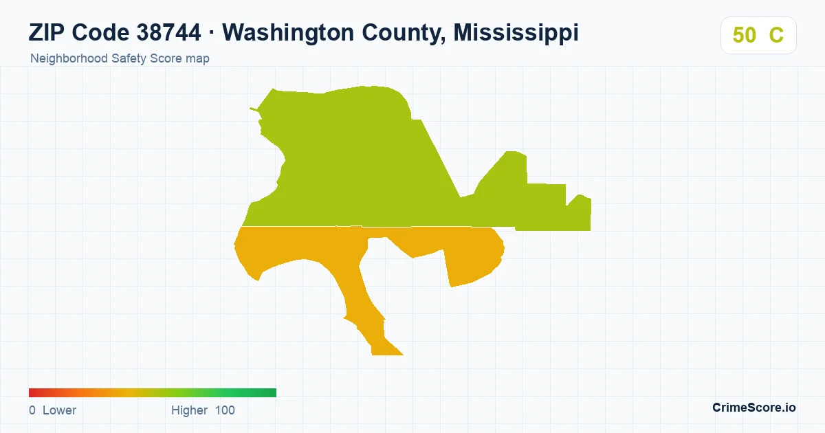 ZIP Code 38744 in Washington County, Mississippi neighborhood Safety Score map