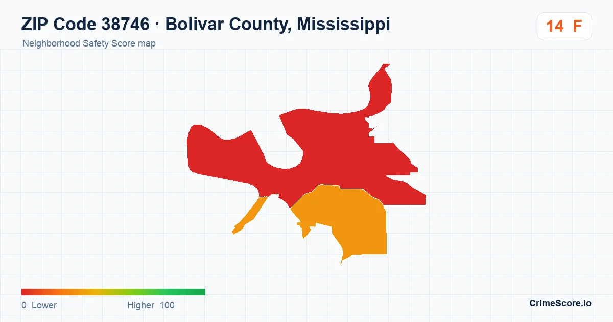 ZIP Code 38746 in Bolivar County, Mississippi neighborhood Safety Score map