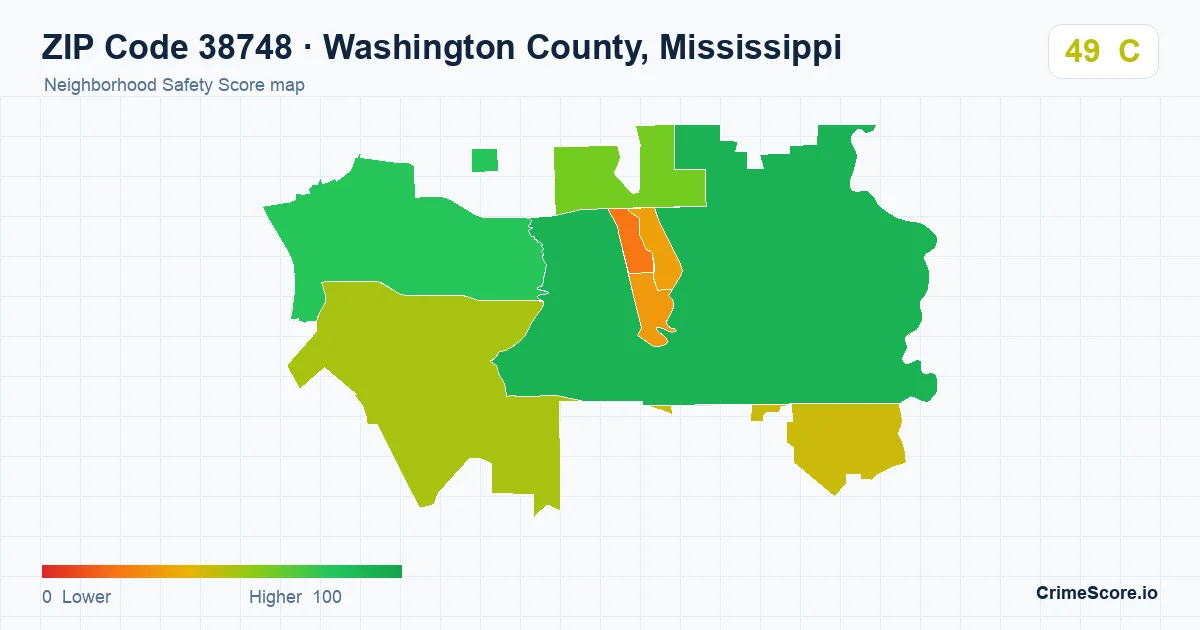 ZIP Code 38748 in Washington County, Mississippi neighborhood Safety Score map