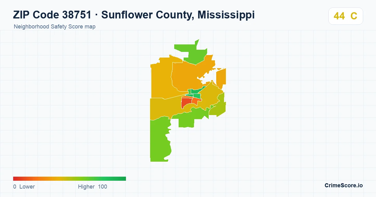 ZIP Code 38751 in Sunflower County, Mississippi neighborhood Safety Score map