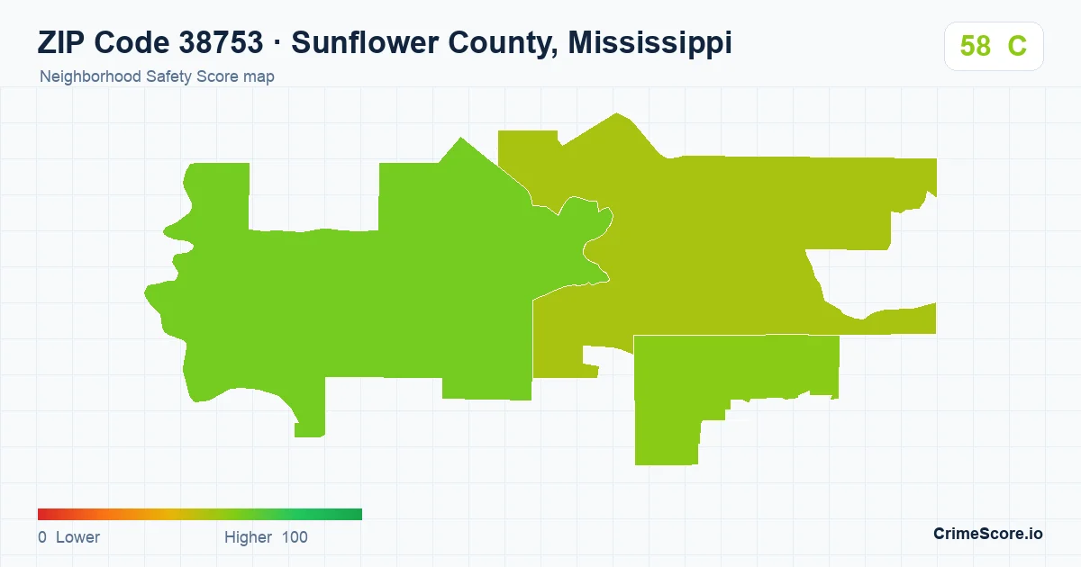 ZIP Code 38753 in Sunflower County, Mississippi neighborhood Safety Score map