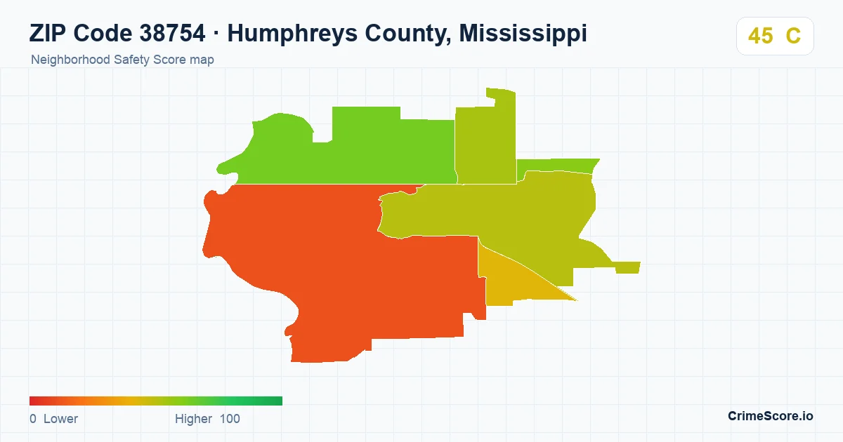 ZIP Code 38754 in Humphreys County, Mississippi neighborhood Safety Score map